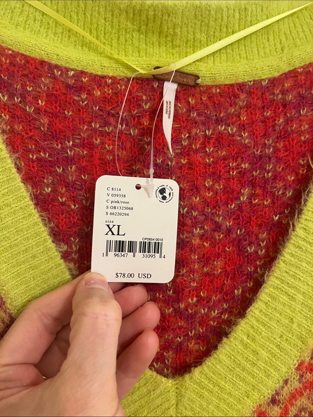 Free People Through the Motions Vest Neon Lime & Coral Patterned V-Neck Sweater - Picture 3 of 6